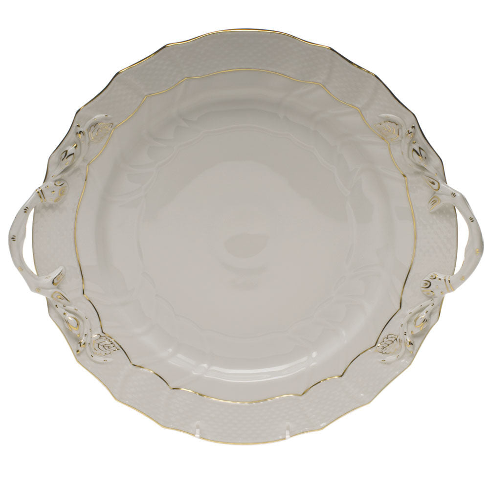 Hand-painted Herend Golden Edge Chop Plate with Handles in fine porcelain, 12in D, on a white background