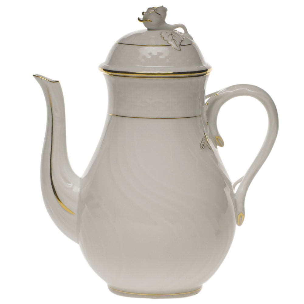 Hand-painted Herend Golden Edge Coffee Pot with Rose Coffeepot in fine porcelain, (36 OZ) 8.5in H, on a white background