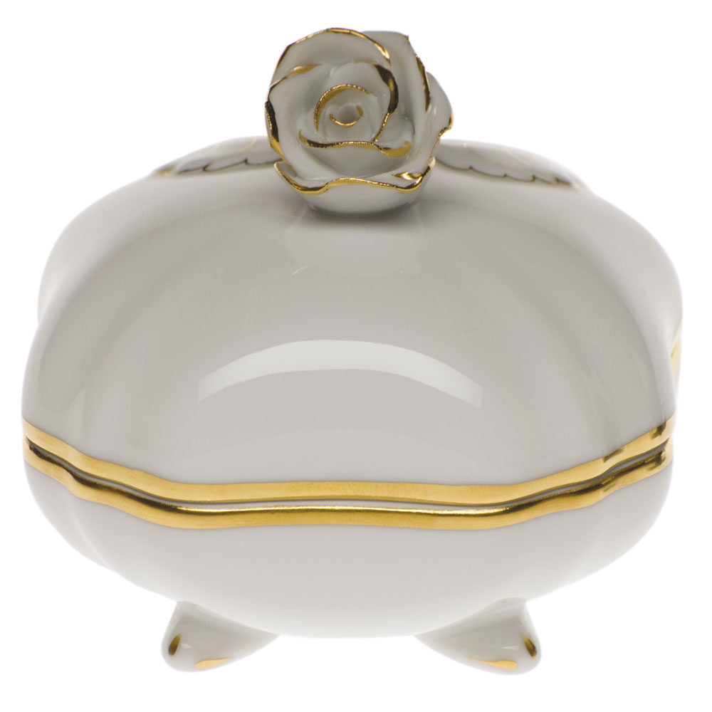 Hand-painted Herend Golden Edge Covered Bonbon with Rose Candy Dish in fine porcelain, 3in SQ, on a white background