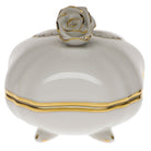 Hand-painted Herend Golden Edge Covered Bonbon with Rose Candy Dish in fine porcelain, 3in SQ, on a white background