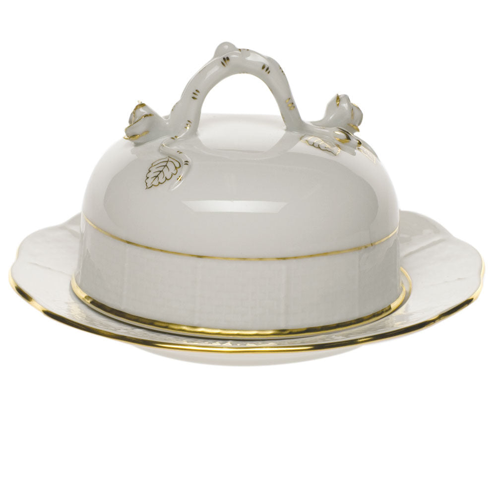 Hand-painted Herend Golden Edge Covered Butter Dish in fine porcelain, 6in D X 3.5in H, on a white background
