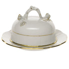 Hand-painted Herend Golden Edge Covered Butter Dish in fine porcelain, 6in D X 3.5in H, on a white background