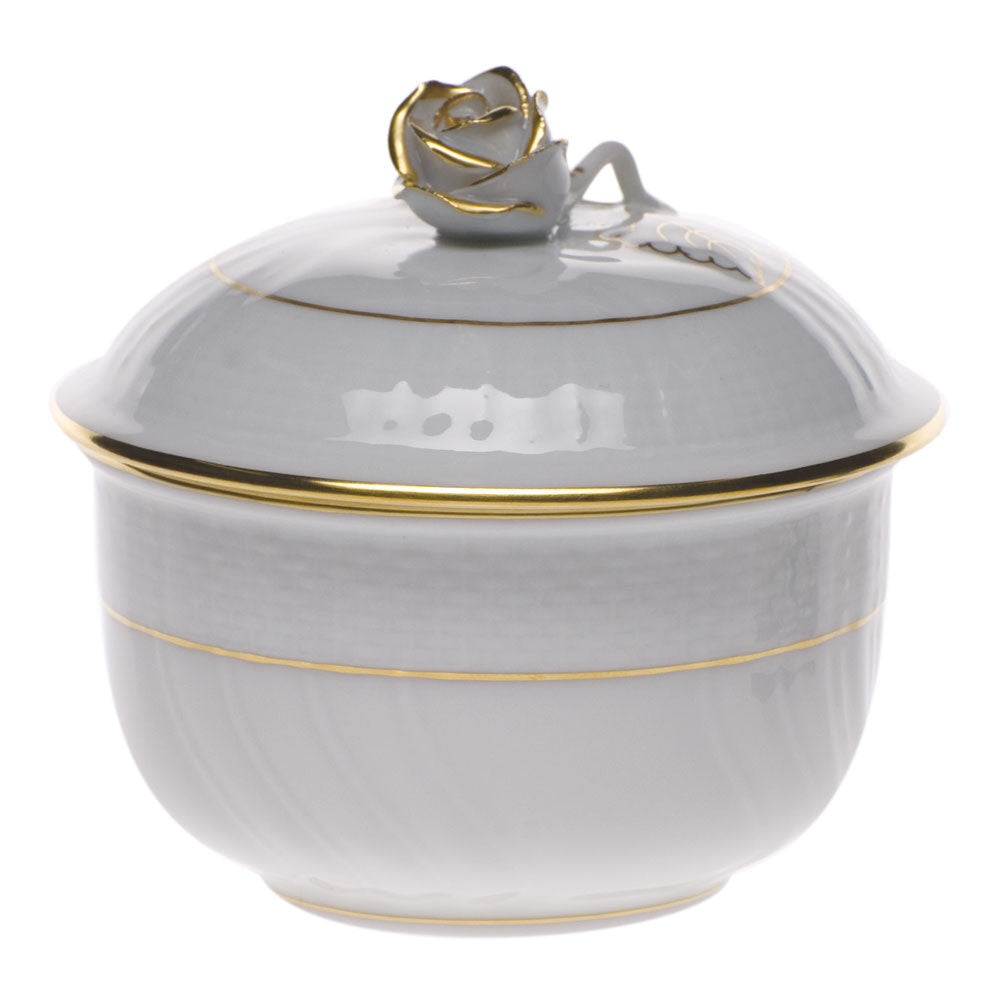 Hand-painted Herend Golden Edge Covered Sugar with Rose Sugar Bowl in fine porcelain, (6 OZ) 4in H, on a white background