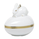 Hand-painted Herend Golden Edge Egg Bonbon with Bunny Candy Dish in fine porcelain, 3in L X 2.25in W X 3in H, on a white background