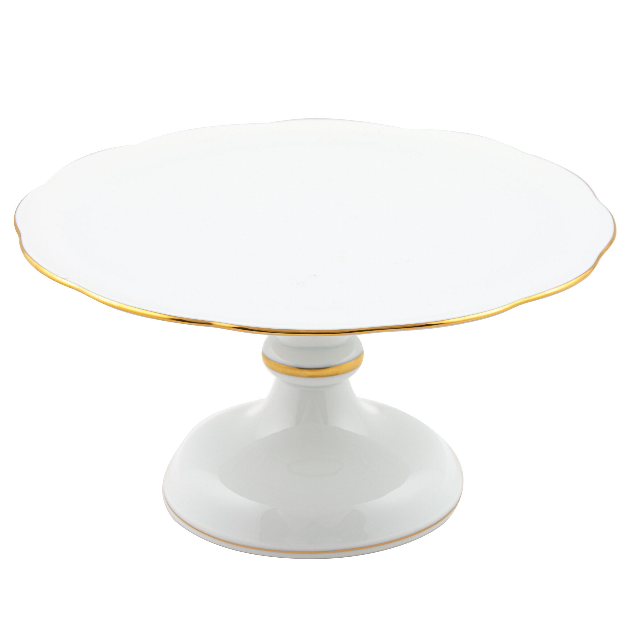 Hand-painted Herend Golden Edge Footed Cake Plate in fine porcelain, 5in H X 10.5in D, on a white background