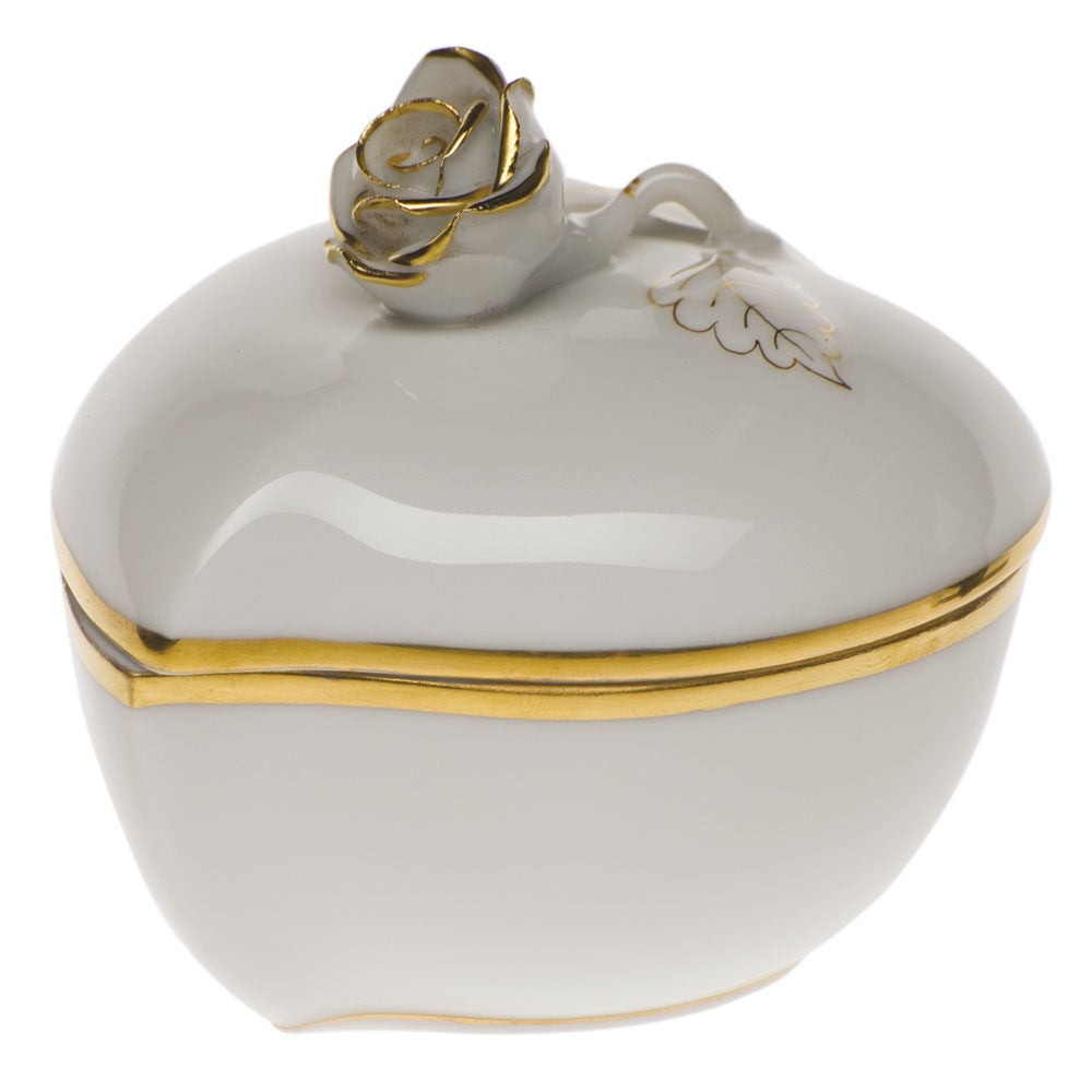 Hand-painted Herend Golden Edge Heart Bonbon with Rose Candy Dish in fine porcelain, 3in L X 2in H, on a white background
