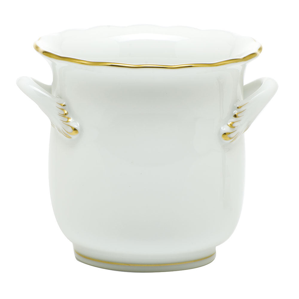 Hand-painted Herend Golden Edge Mini Cachepot with Handles in fine porcelain, 4.75in L X 3.75in H, on a white background