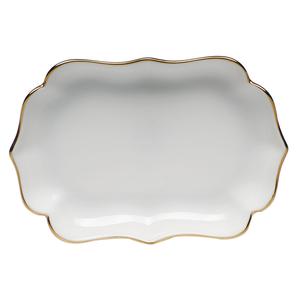 Hand-painted Herend Golden Edge Mini Scalloped Tray Decorative Plate in fine porcelain, 4.25in L X 3in W, on a white background