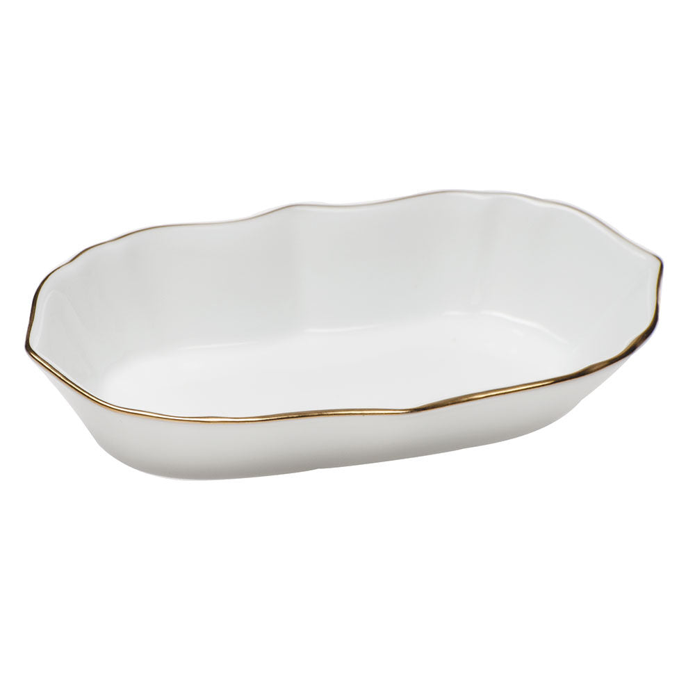 Hand-painted Herend Golden Edge Narrow Pin Dish Decorative Plate in fine porcelain, 5in L X 1in H, on a white background