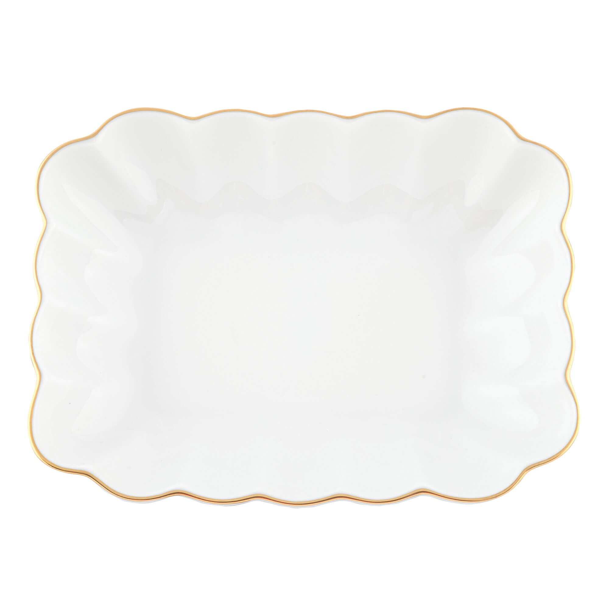 Hand-painted Herend Golden Edge Oblong Dish in fine porcelain, 7.25in L X 5.5in W X 1.5in H, on a white background