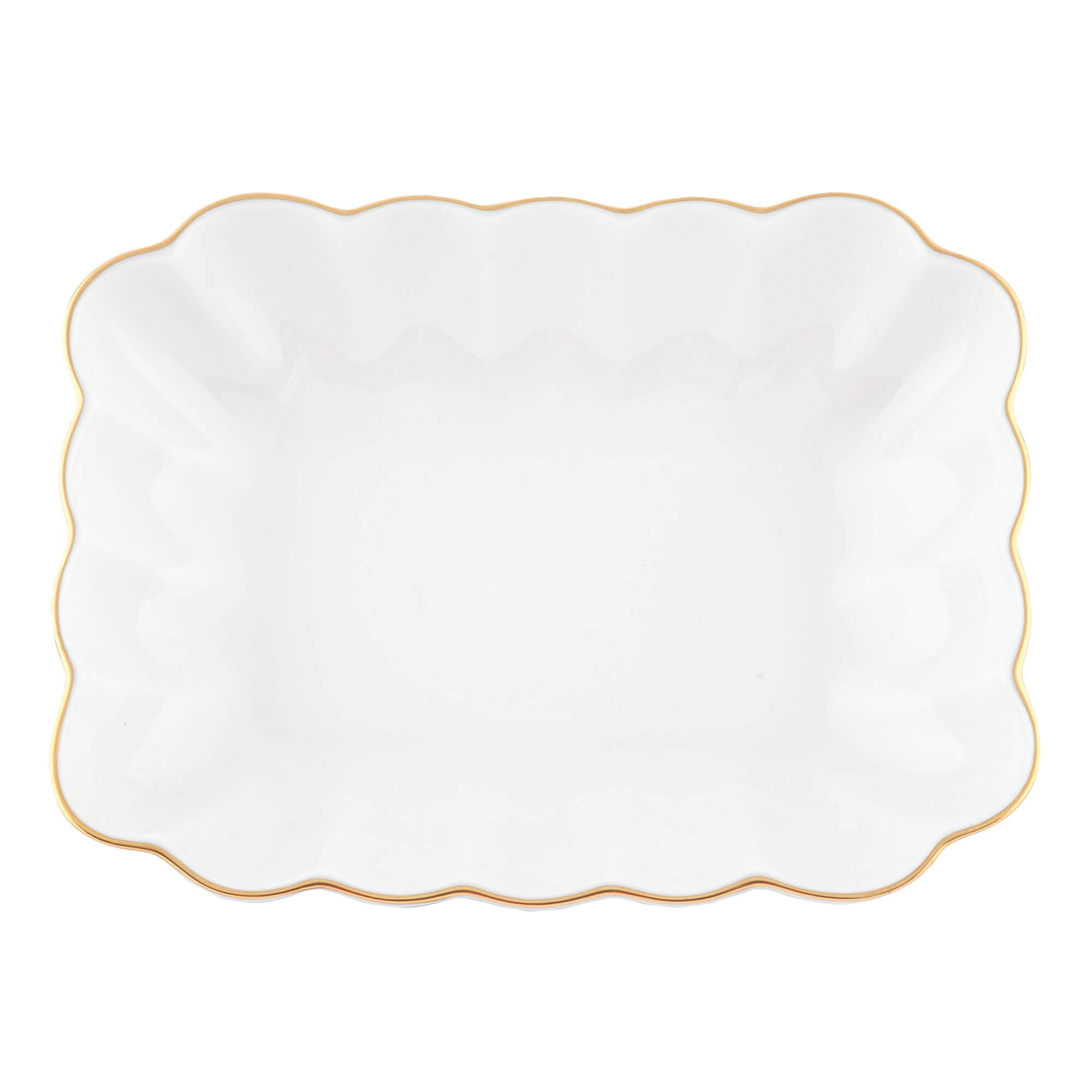 Hand-painted Herend Golden Edge Oblong Dish Candy Dishe in fine porcelain, 7.25in L X 5.5in W X 1.5in H, on a white background
