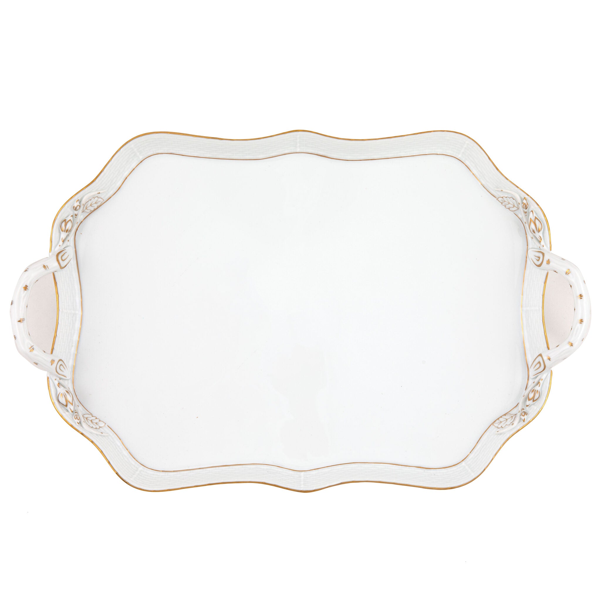Hand-painted Herend Golden Edge Rec Tray with Branch Handles in fine porcelain, 18in L, on a white background