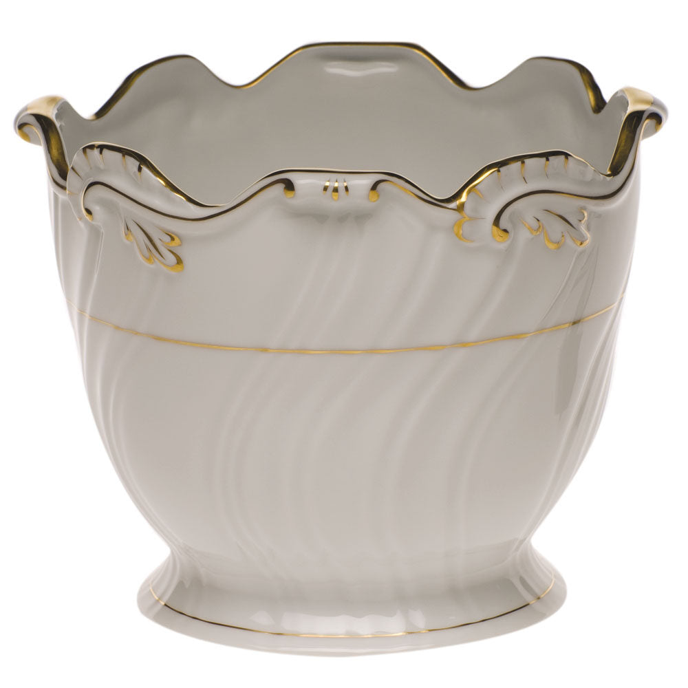 Hand-painted Herend Golden Edge Ribbed Cachepot in fine porcelain, 6.25in H X 7in D, on a white background