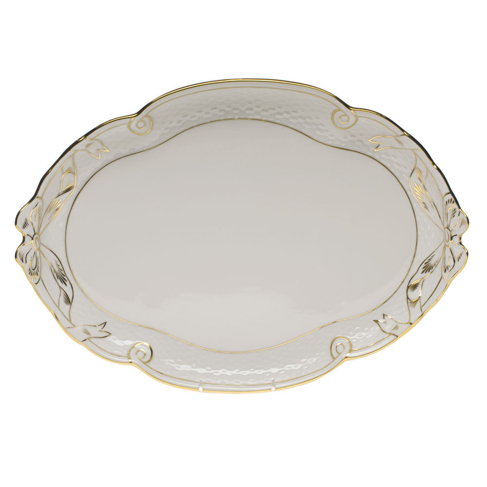 Hand-painted Herend Golden Edge Ribbon Tray in fine porcelain, 15.75in L X 11in W, on a white background