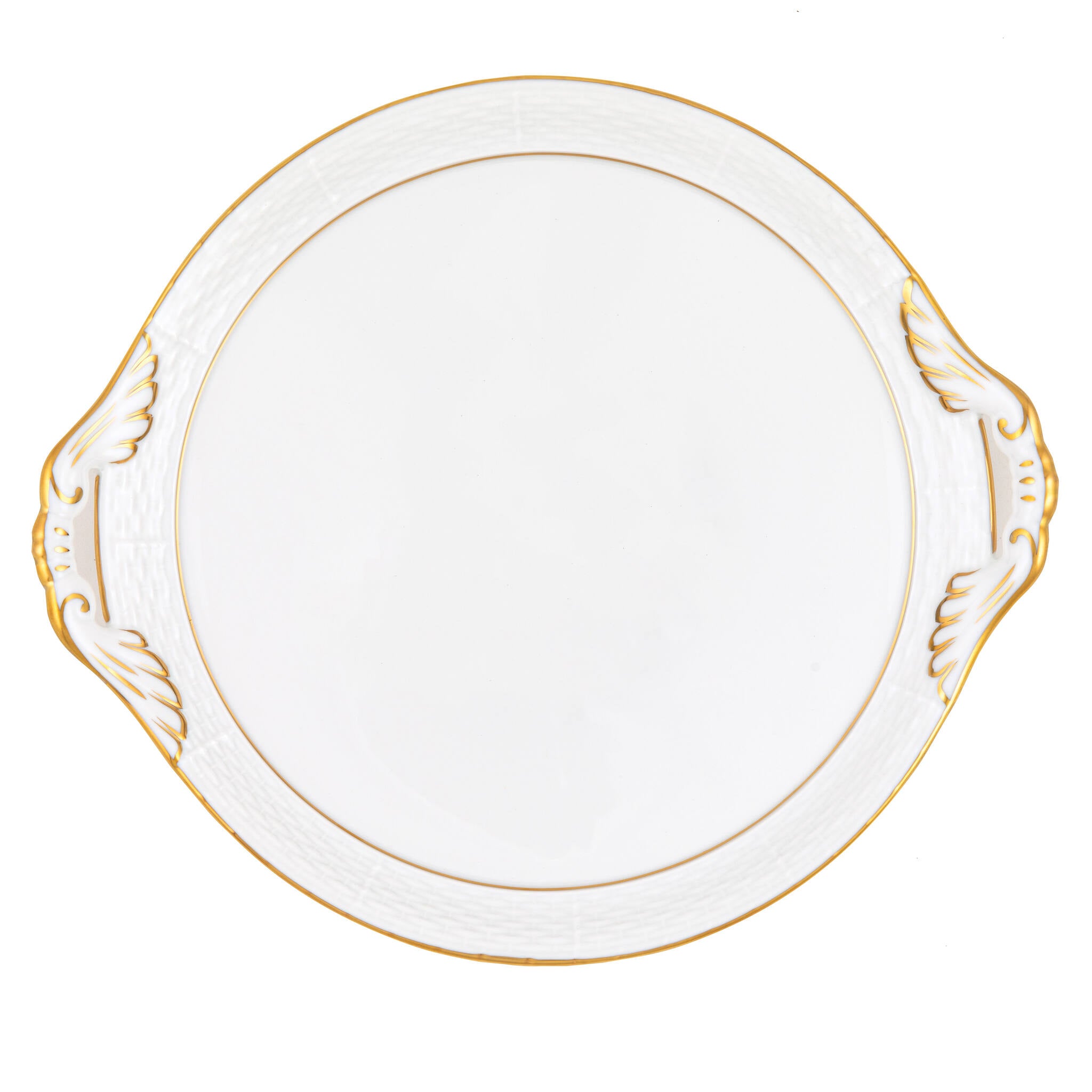 Hand-painted Herend Golden Edge Round Tray with Handles in fine porcelain, 11.25in D, on a white background