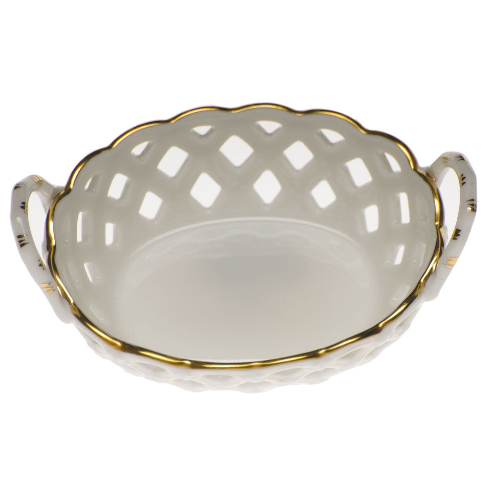 Hand-painted Herend Golden Edge Sm Openwork Basket with Handle in fine porcelain, 3.5in L X 2.5in W, on a white background