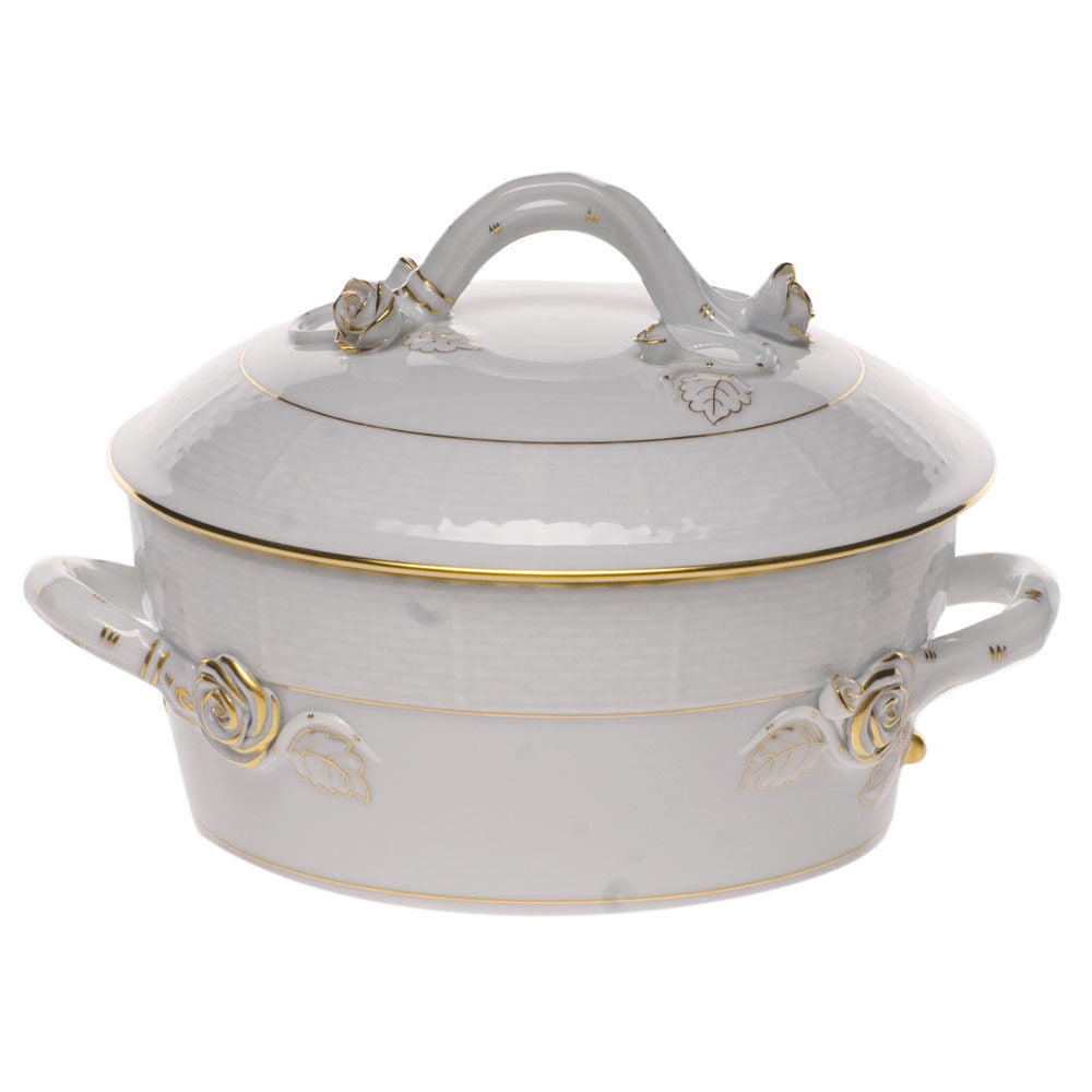 Hand-painted Herend Golden Edge Small Covered Vegetable Dish Serving Bowl in fine porcelain, 1.5PT 5in H, on a white background