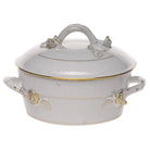 Hand-painted Herend Golden Edge Small Covered Vegetable Dish Serving Bowl in fine porcelain, 1.5PT 5in H, on a white background