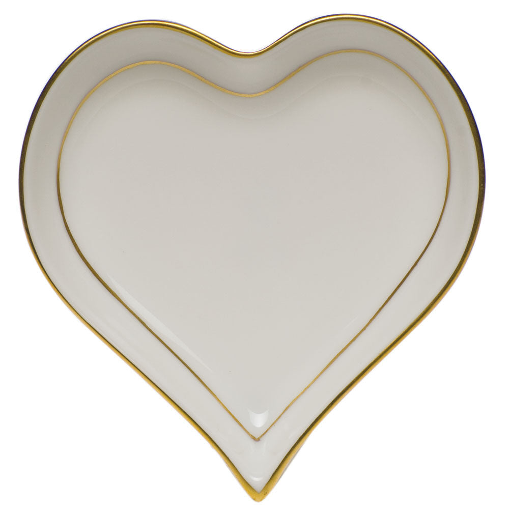 Hand-painted Herend Golden Edge Small Heart Tray Decorative Plate in fine porcelain, 4in L X 4in W, on a white background