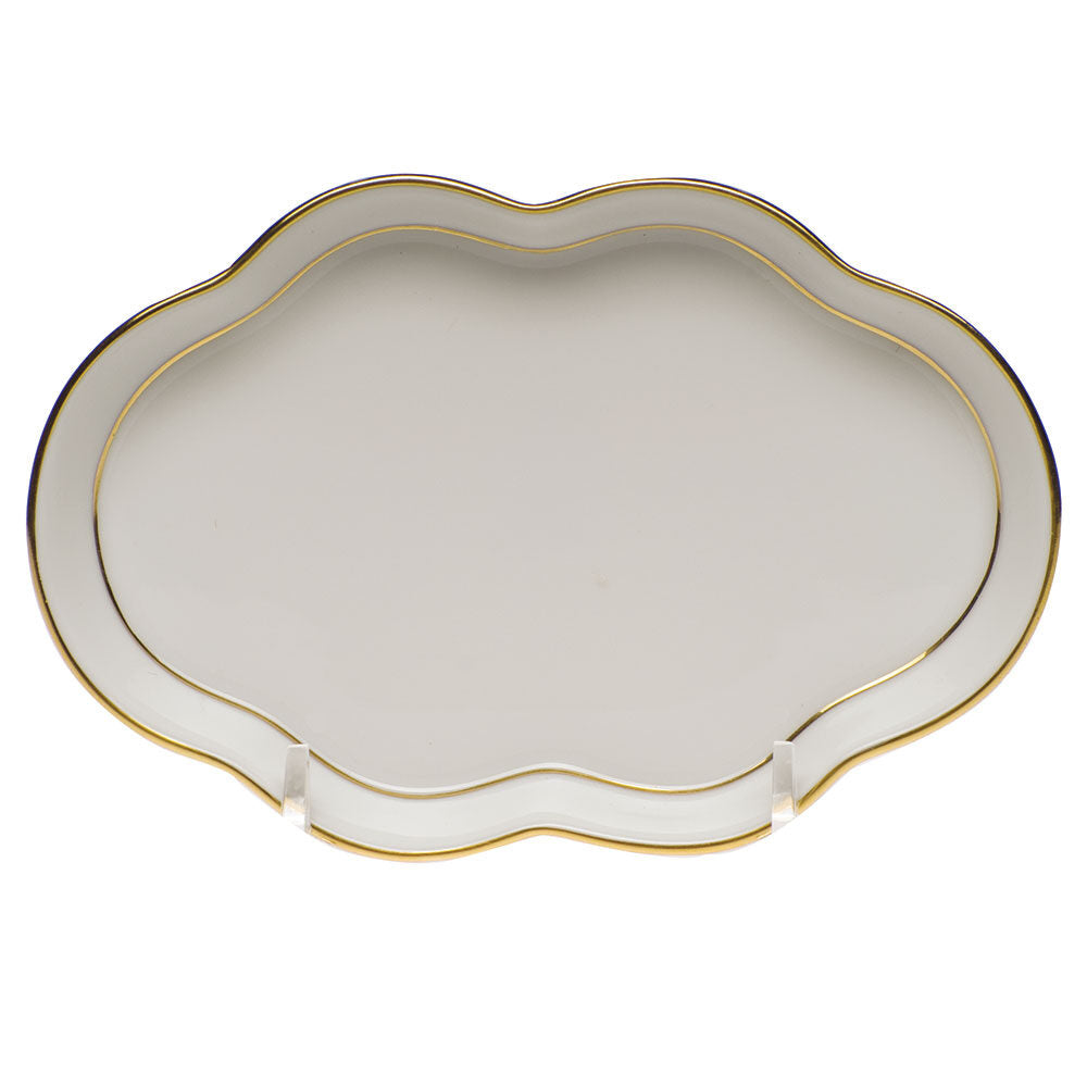Hand-painted Herend Golden Edge Small Scalloped Tray Decorative Plate in fine porcelain, 5.5in L, on a white background