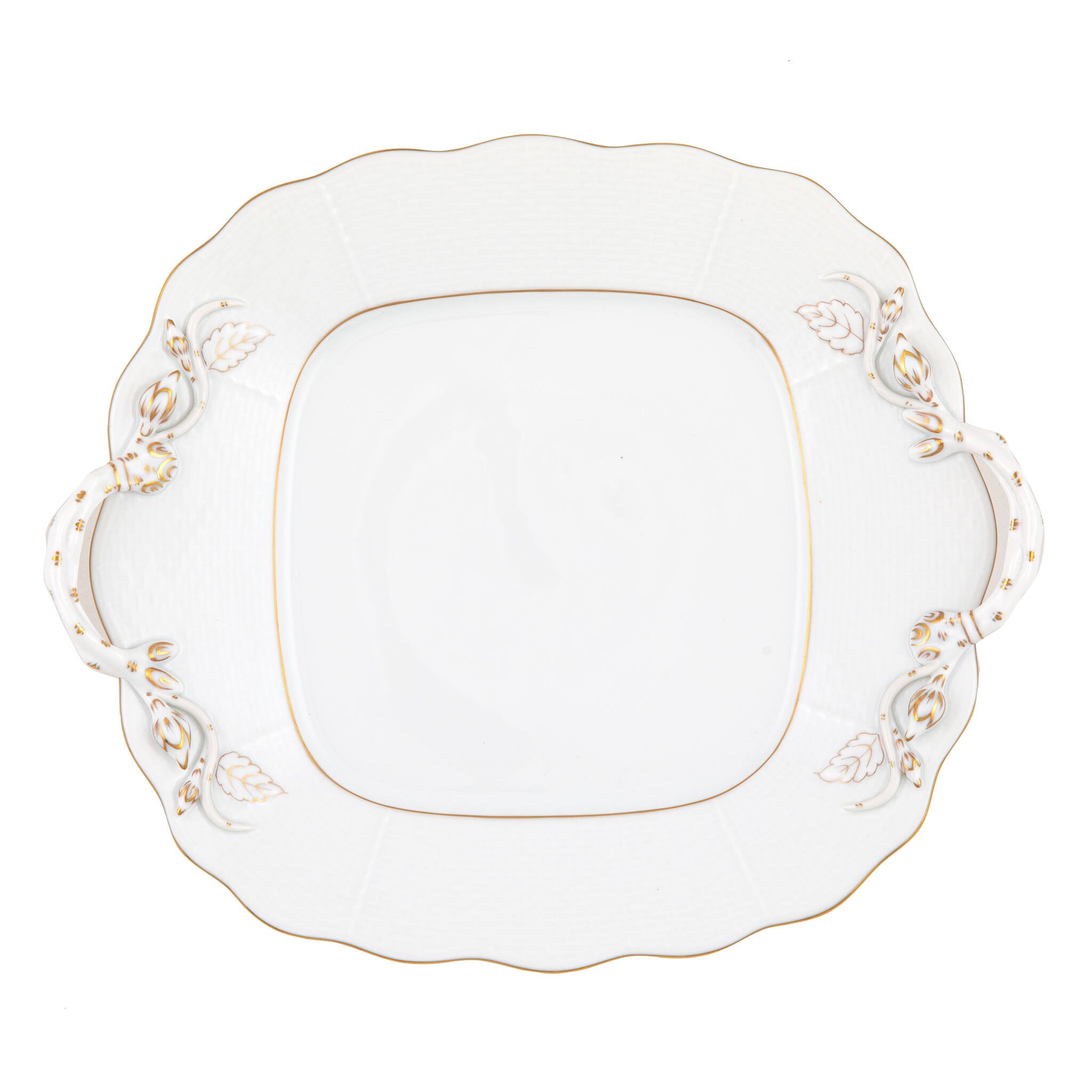 Hand-painted Herend Golden Edge Square Cake Plate with Handles in fine porcelain, 9.5in SQ, on a white background