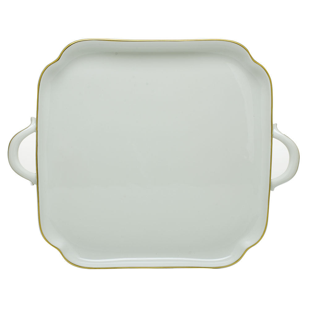 Hand-painted Herend Golden Edge Square Tray with Handles in fine porcelain, 12.75in L X 12.75in W, on a white background