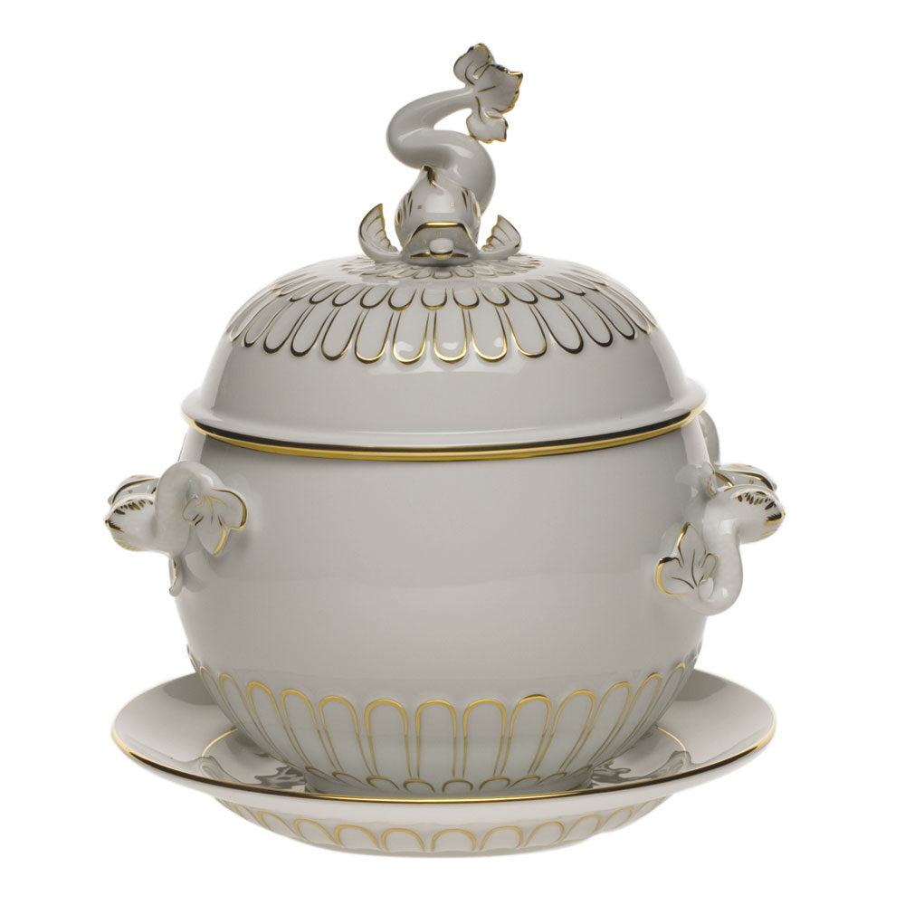 Hand-painted Herend Golden Edge Tureen and Platter in fine porcelain, (4 QT) 12.25in H, on a white background