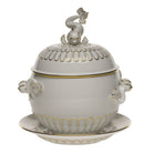 Hand-painted Herend Golden Edge Tureen and Platter in fine porcelain, (4 QT) 12.25in H, on a white background