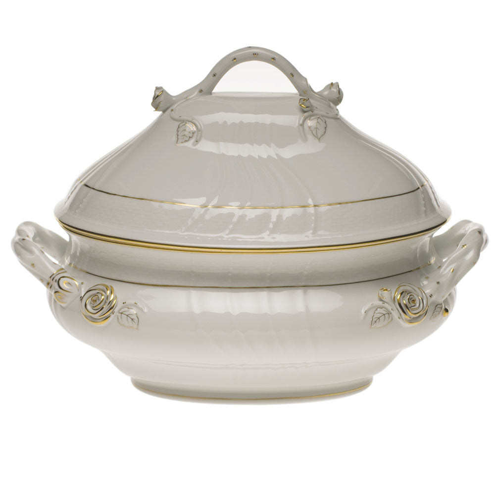 Hand-painted Herend Golden Edge Tureen with Branch Handles in fine porcelain, (4 QT) 10in H, on a white background