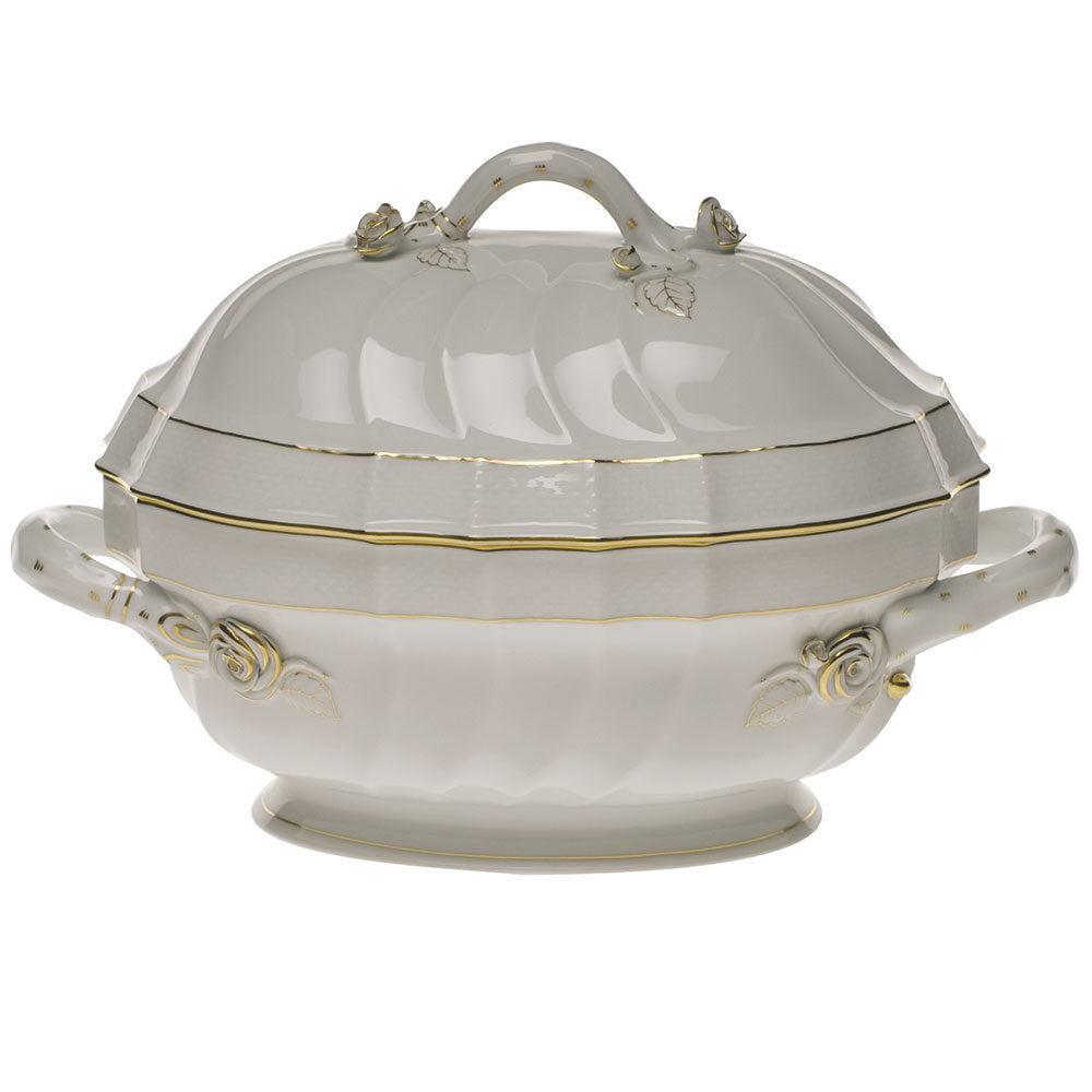 Hand-painted Herend Golden Edge Tureen with Branch in fine porcelain, (2 QT) 9.5in H, on a white background