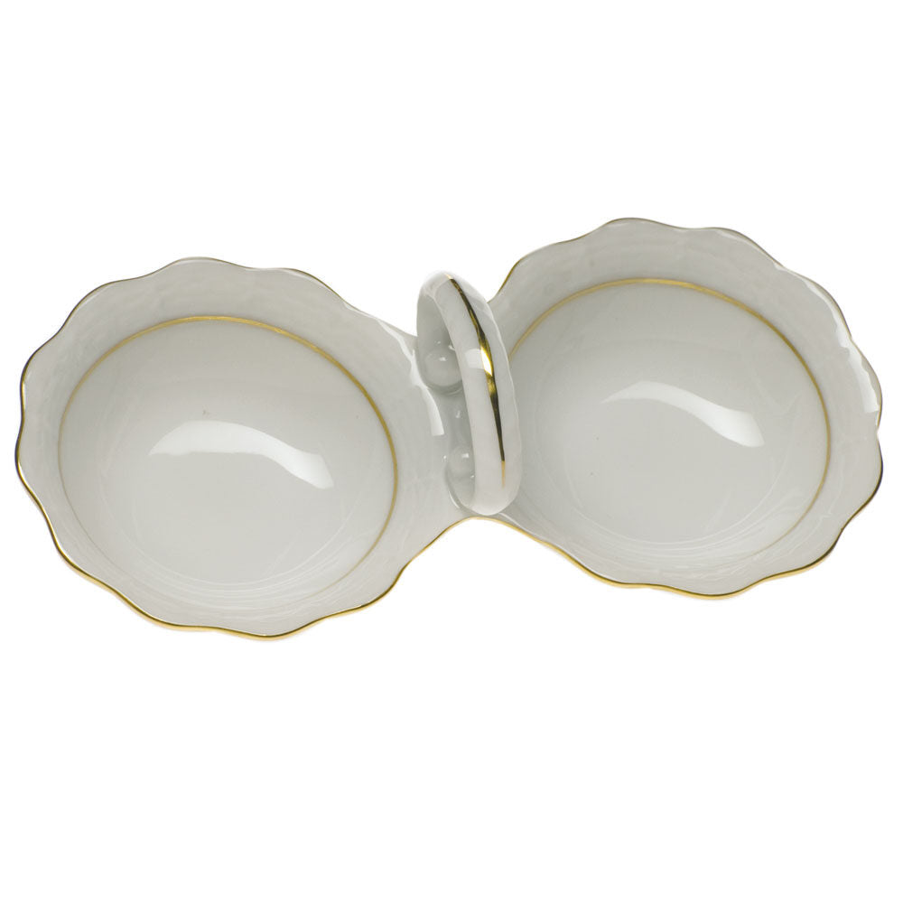 Hand-painted Herend Golden Edge Twin Salt Salt & Pepper Shaker Set in fine porcelain, 5.5in L, on a white background
