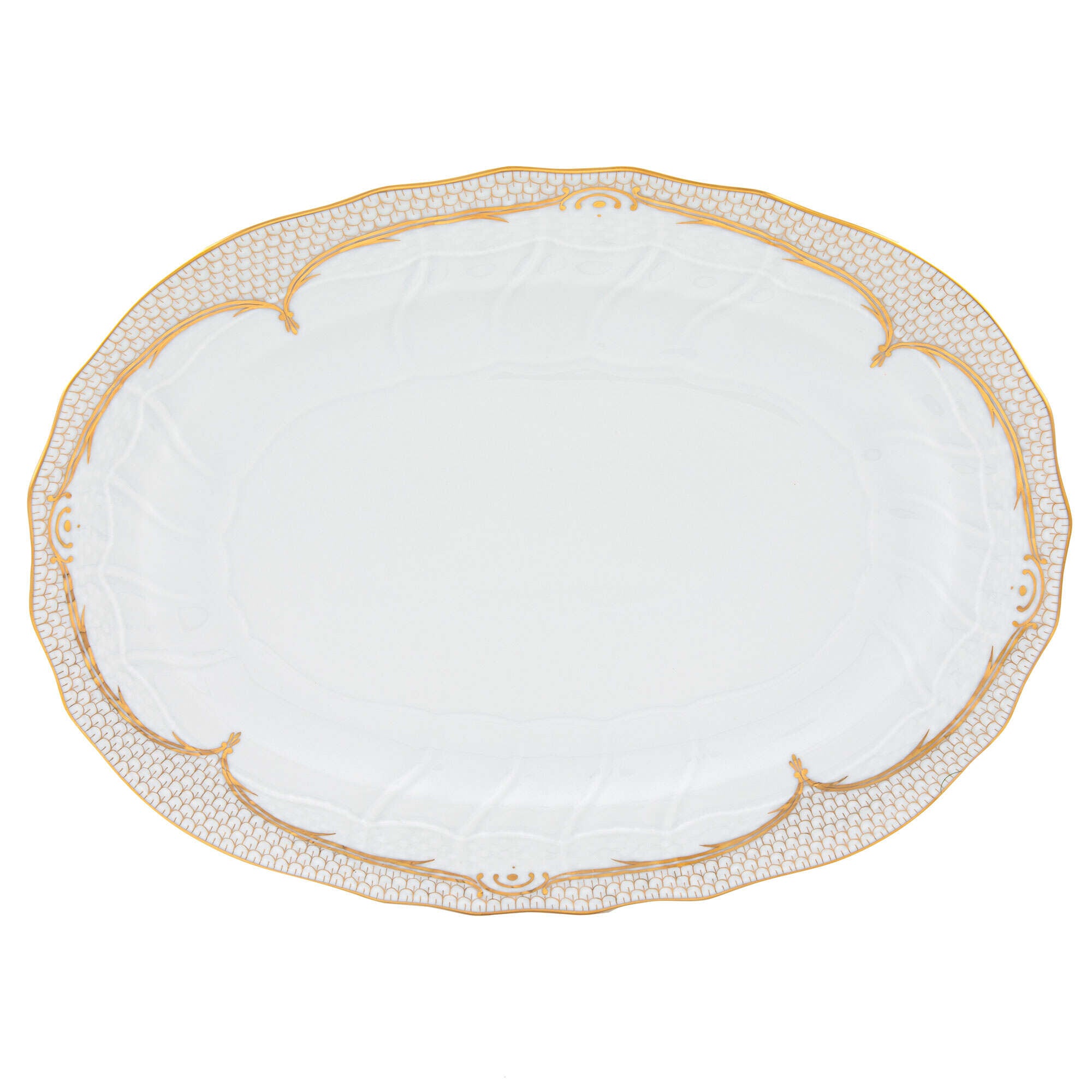 Hand-painted Herend Golden Elegance Platter in fine porcelain, 15in L X 11.5in W, on a white background