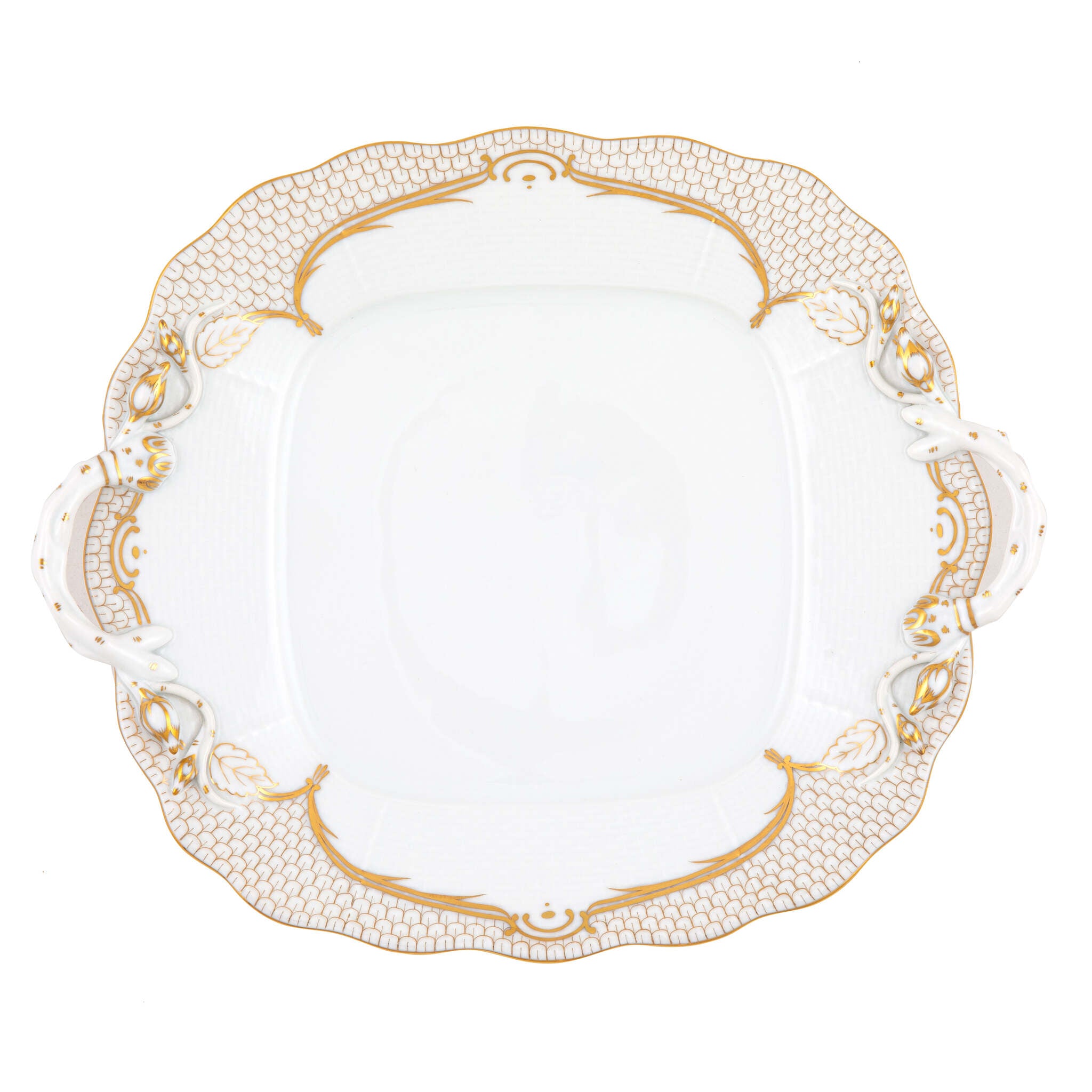 Hand-painted Herend Golden Elegance Square Cake Plate with Handles in fine porcelain, 9.5in SQ, on a white background