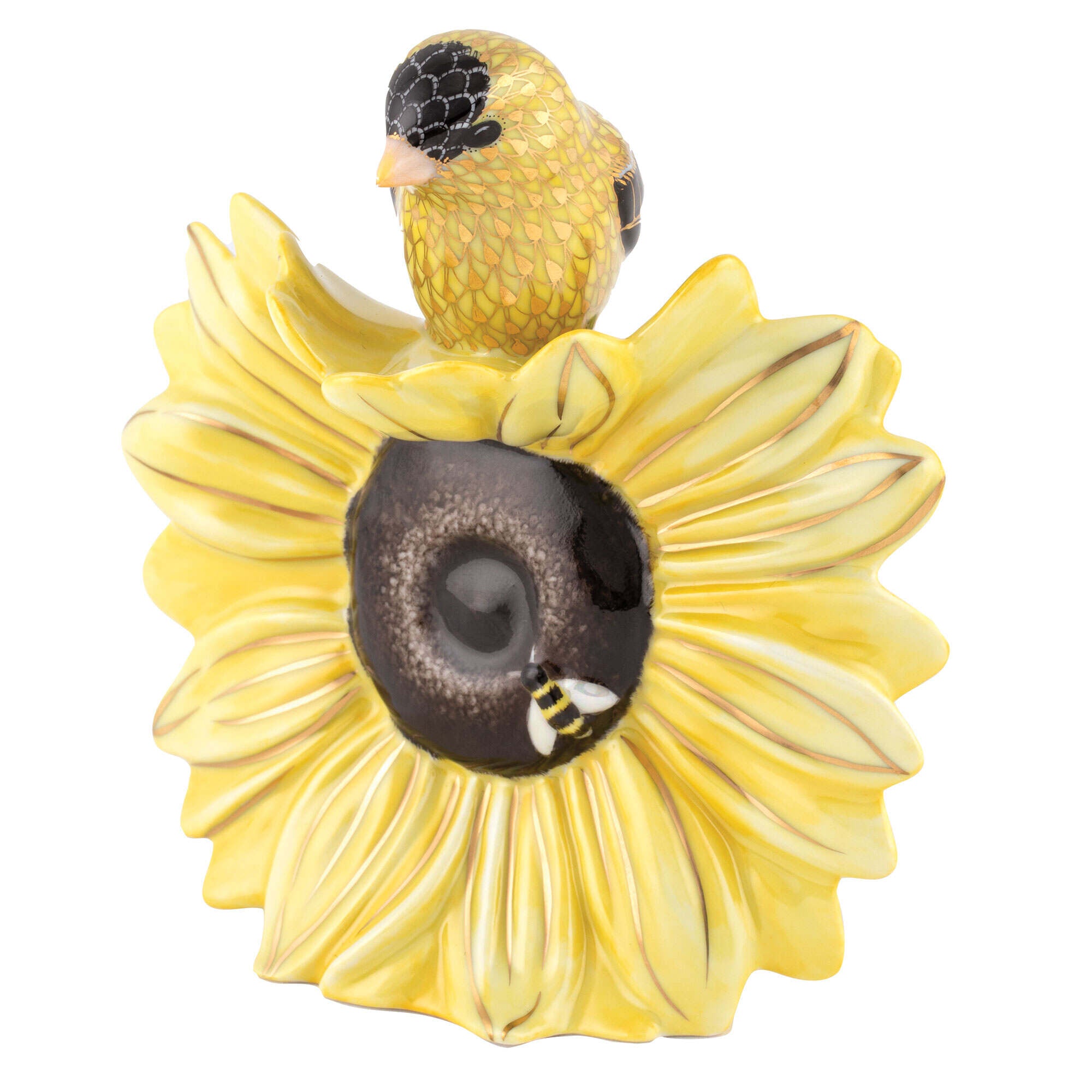 Hand-painted Herend Goldfinch on Sunflower Figurine in fine porcelain, 6.25in L X 5.5in W X 5.75in H, on a white background