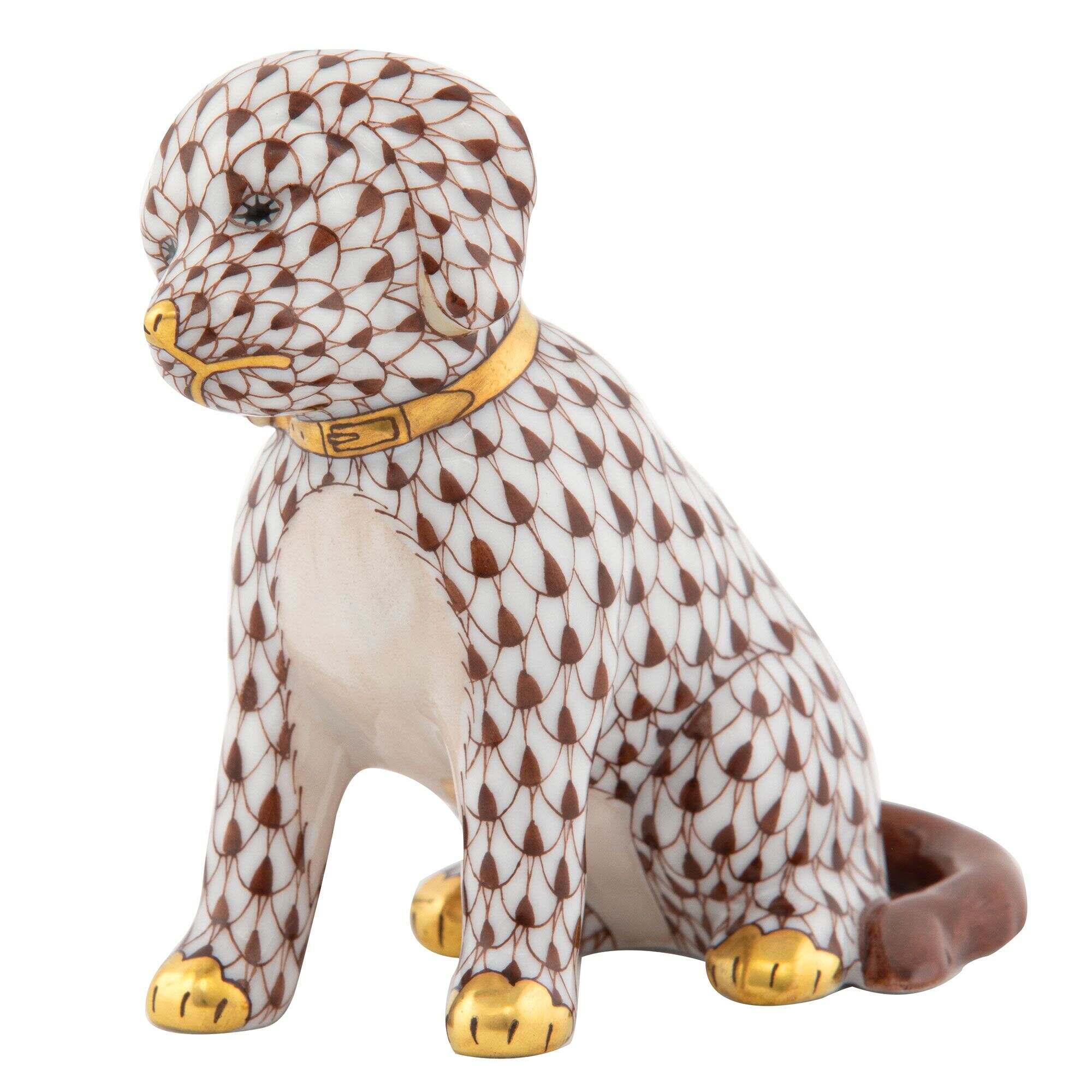 Chocolate fishnet Good Dog Figurine figurine, hand-painted Herend porcelain with 24k gold accents