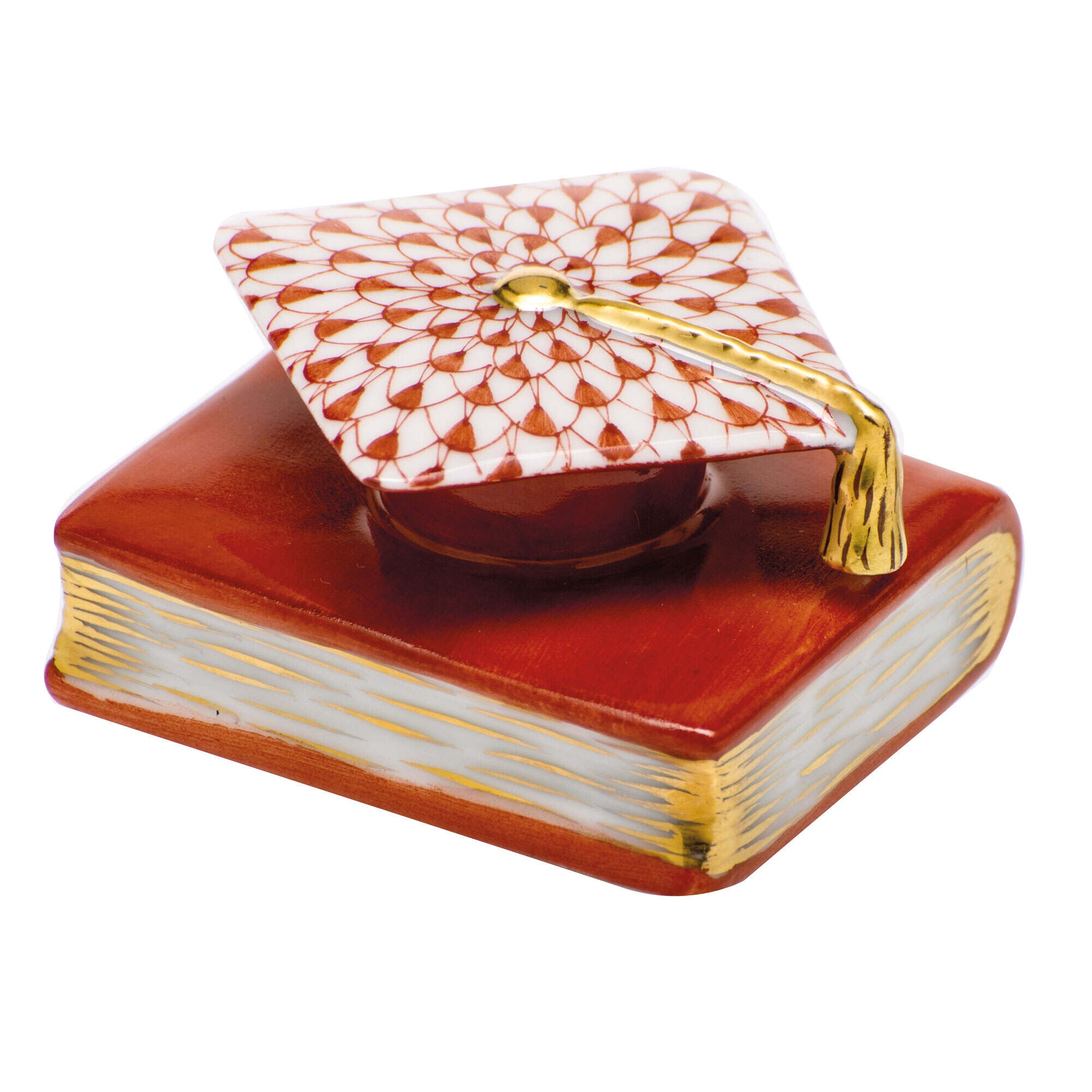 Rust fishnet Graduation Cap Figurine figurine, hand-painted Herend porcelain with 24k gold accents