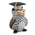 Herend Graduation Owl figurine in Black with black fishnet pattern with gold accents on a white background