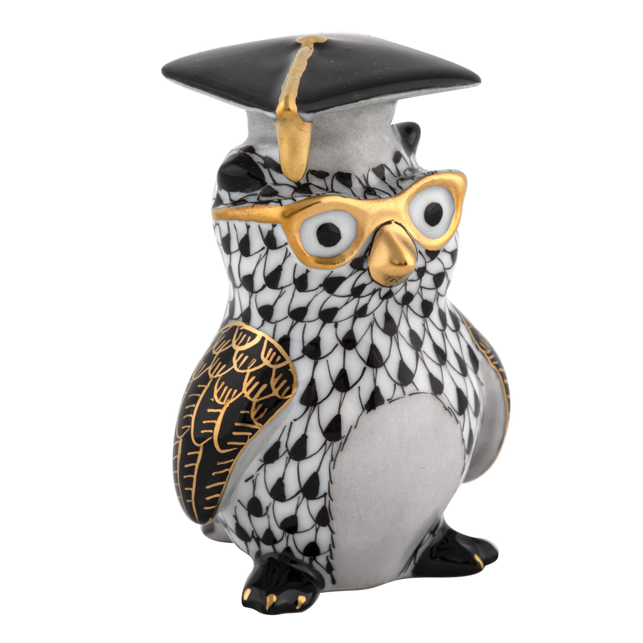 Herend Graduation Owl figurine in Black with black fishnet pattern with gold accents on a white background