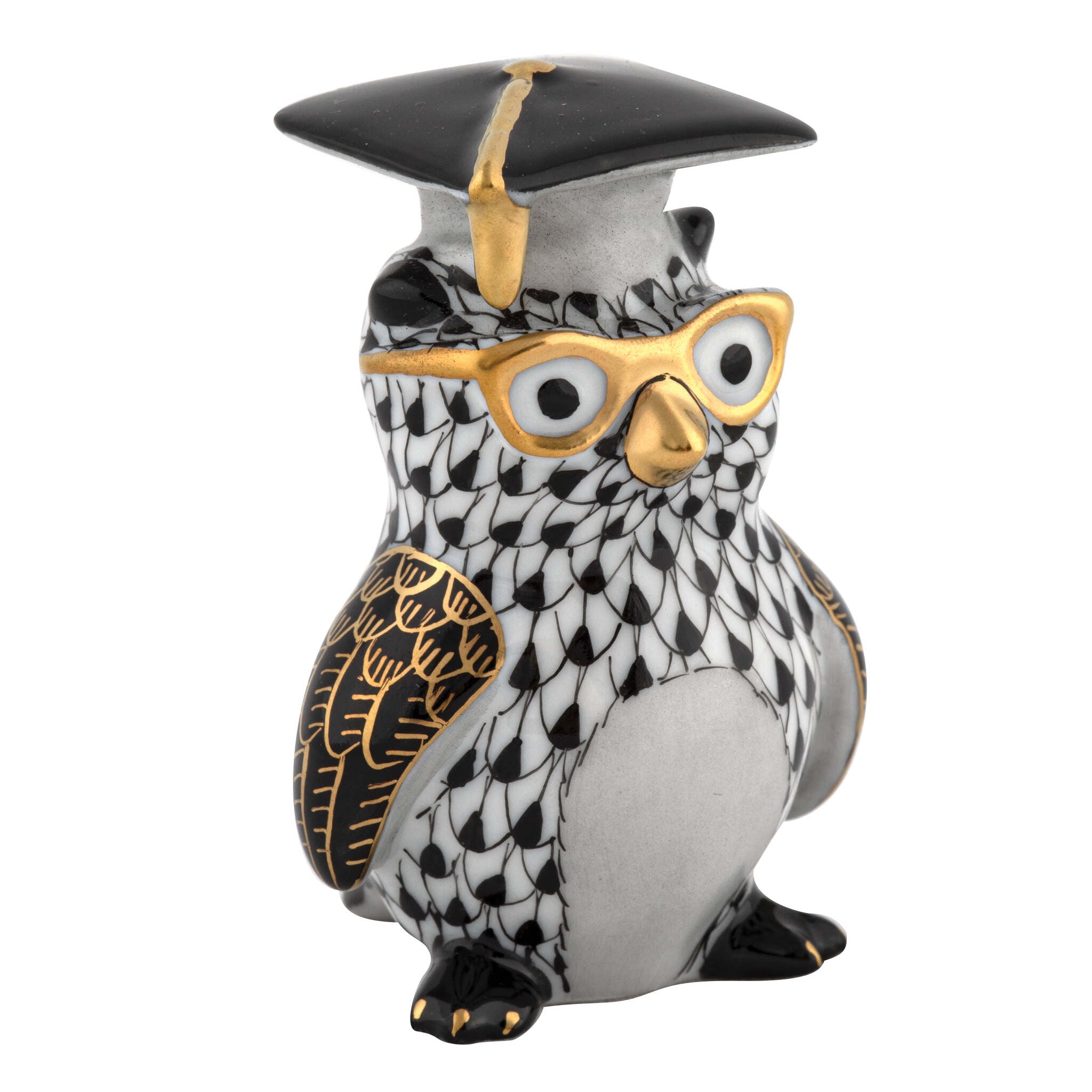 Graduation Owl Figurine in hand-painted Black porcelain by Herend of Hungary