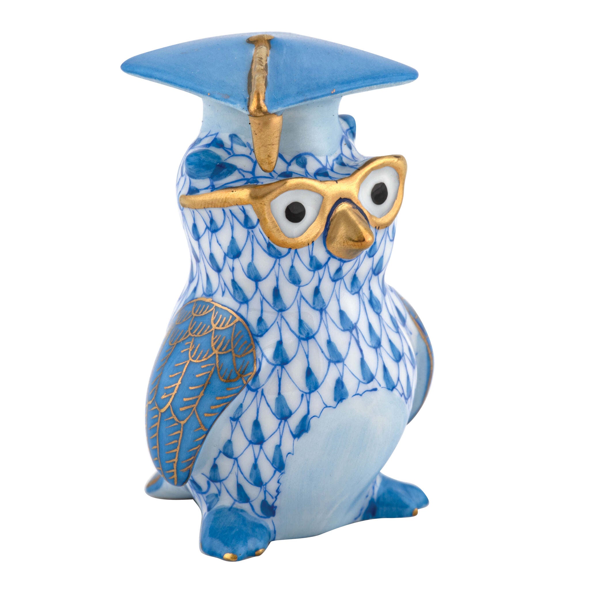 Graduation Owl Figurine in hand-painted Blue porcelain by Herend of Hungary