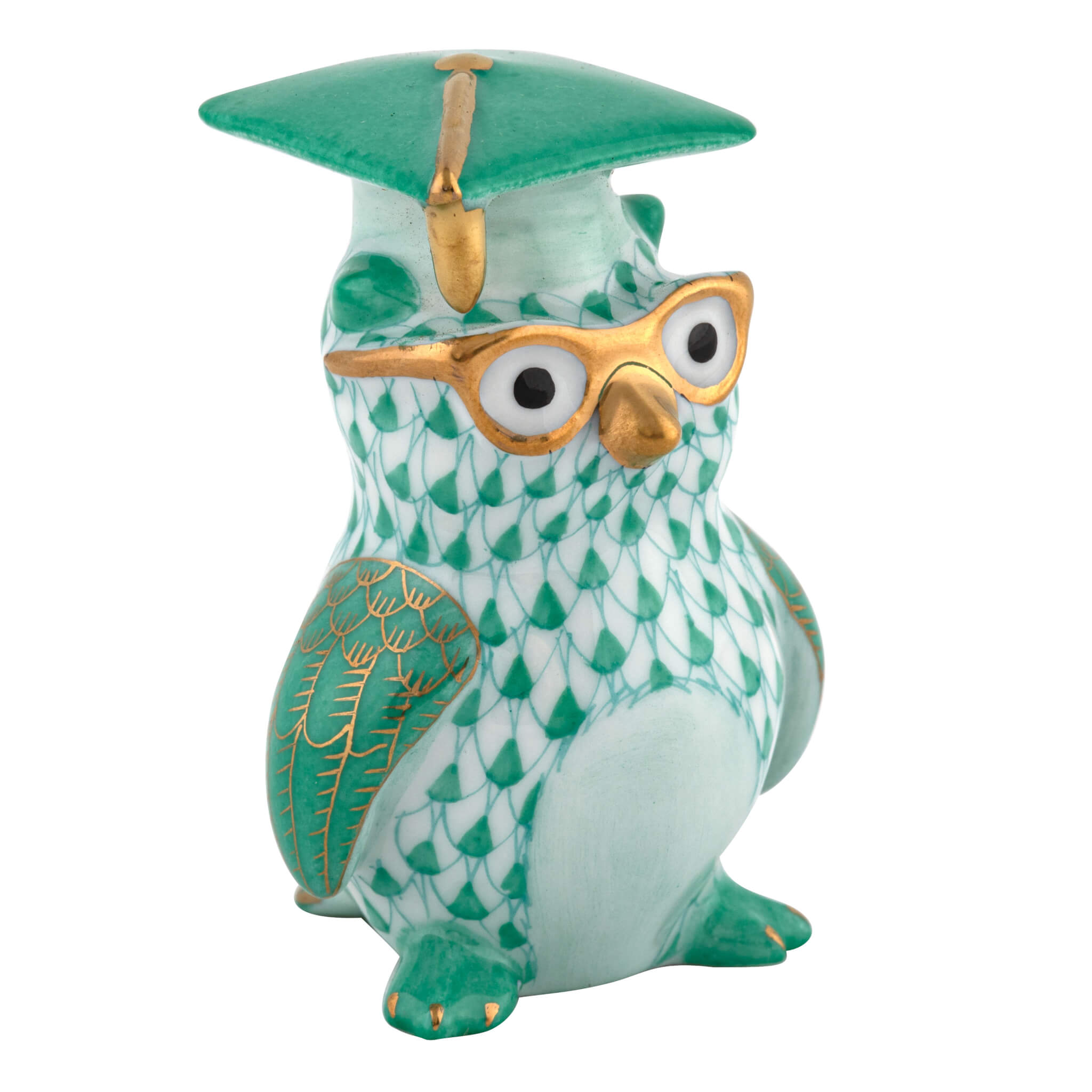 Herend Graduation Owl figurine in Green with green fishnet pattern with gold accents on a white background