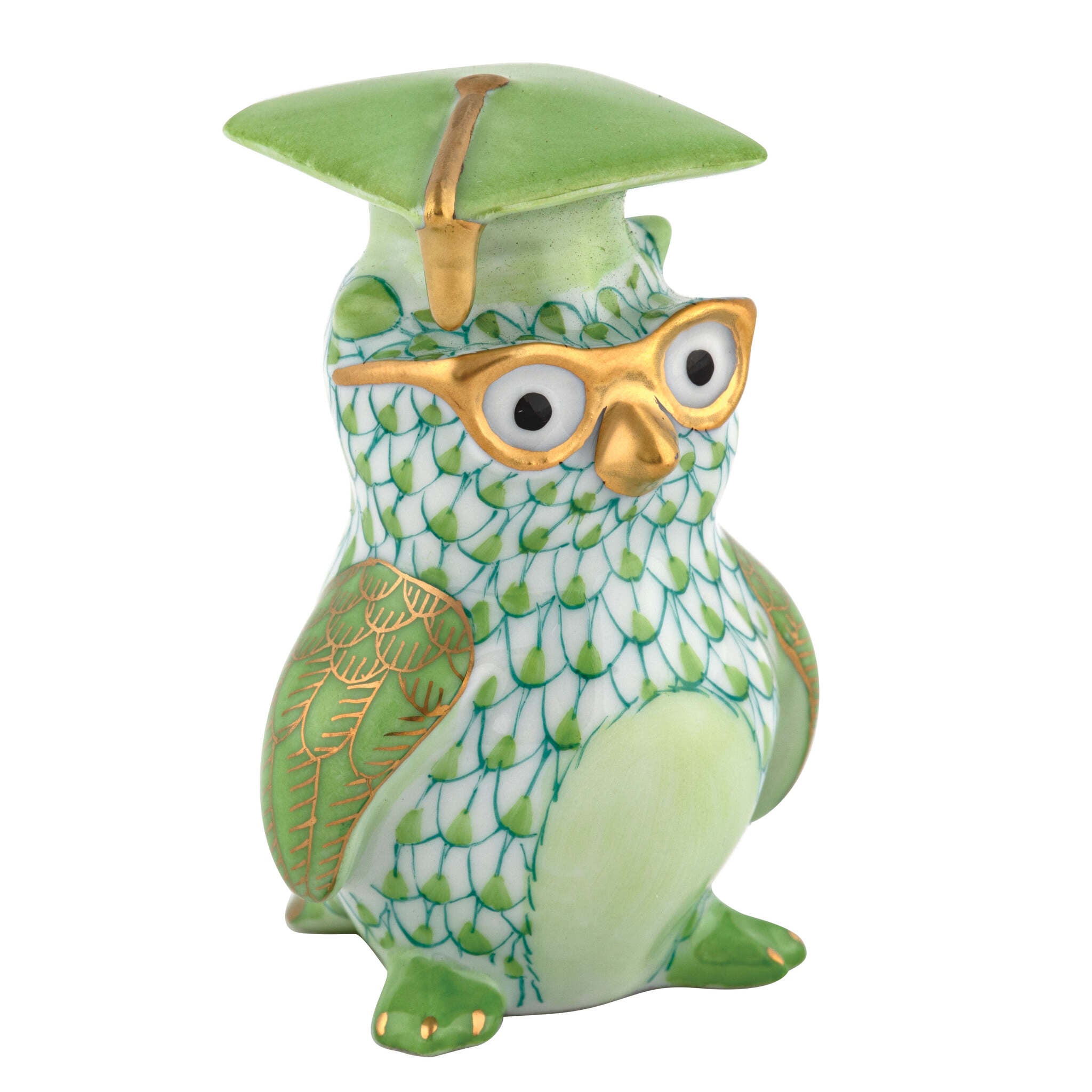 Key Lime fishnet Graduation Owl Figurine figurine, hand-painted Herend porcelain with 24k gold accents