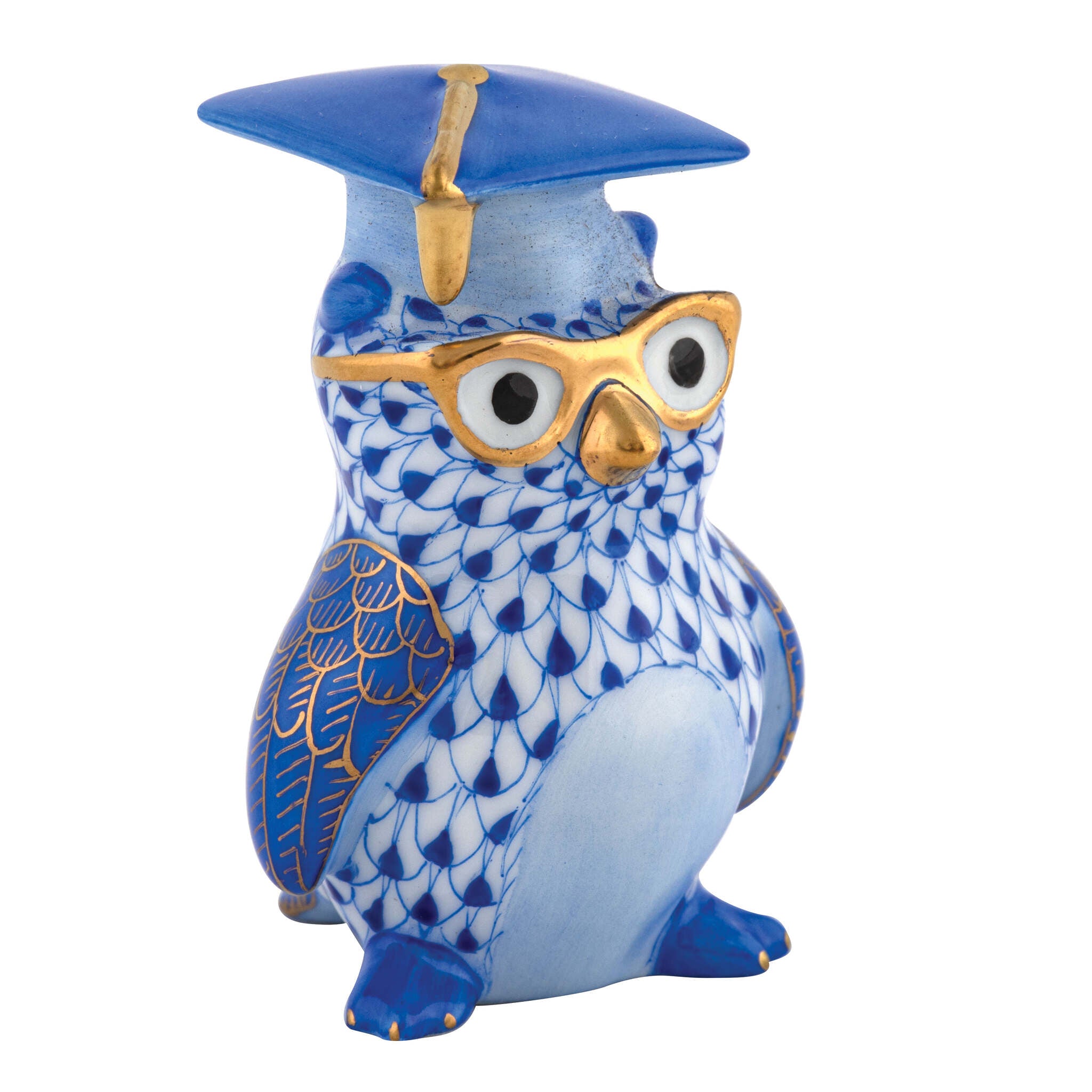 Sapphire fishnet Graduation Owl Figurine figurine, hand-painted Herend porcelain with 24k gold accents