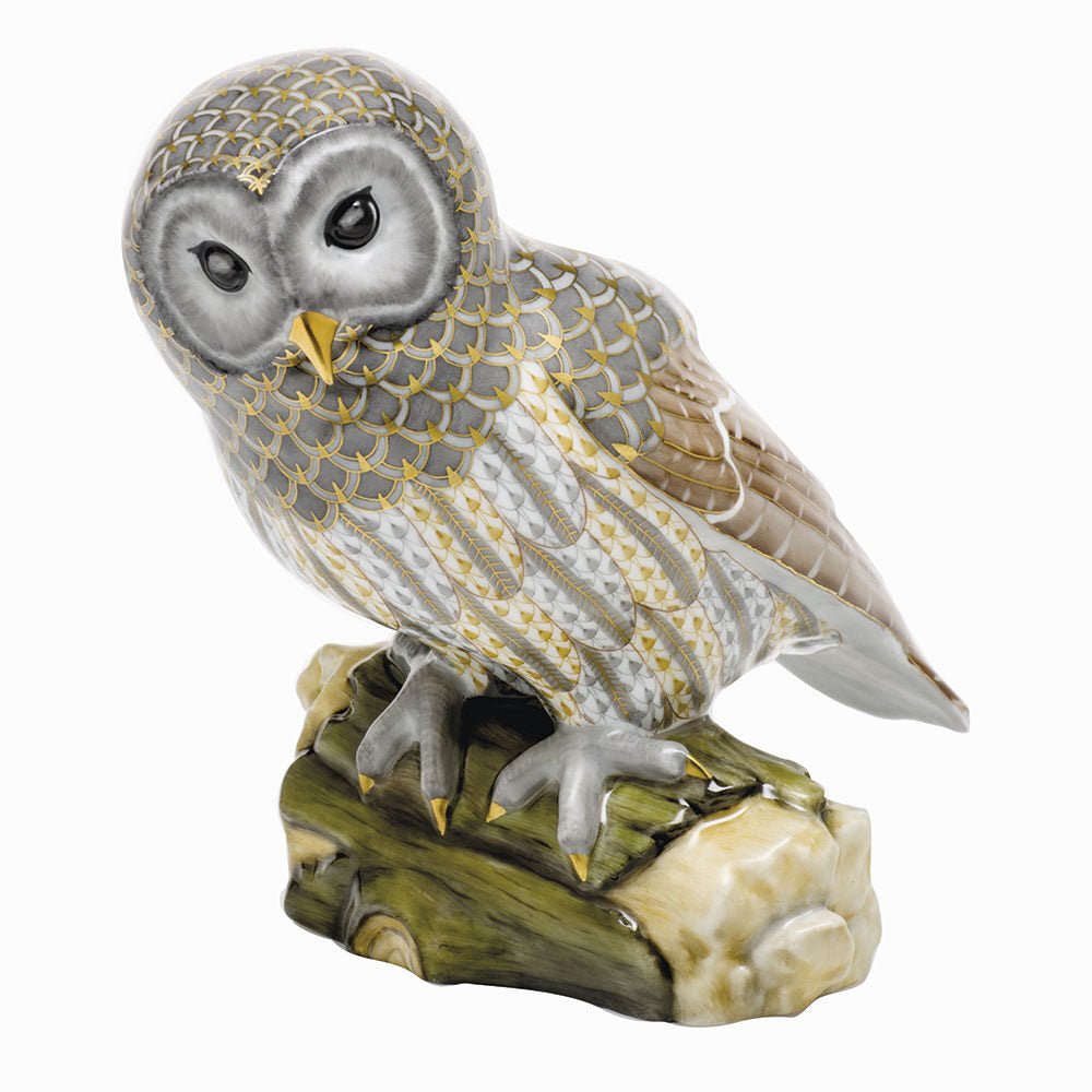Hand-painted Herend Gray Barred Owl Figurine in fine porcelain, 6.5in L X 6in H, on a white background