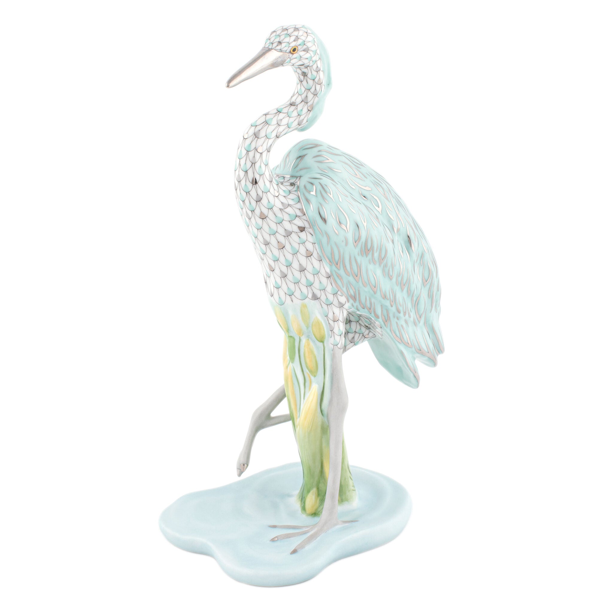 Hand-painted Herend Great Blue Heron Figurine in fine porcelain, 5.25in L X 3.75in W X 9.5in H, on a white background