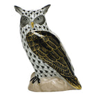 Hand-painted Herend Great Horned Owl Figurine in Black fishnet porcelain on a white background