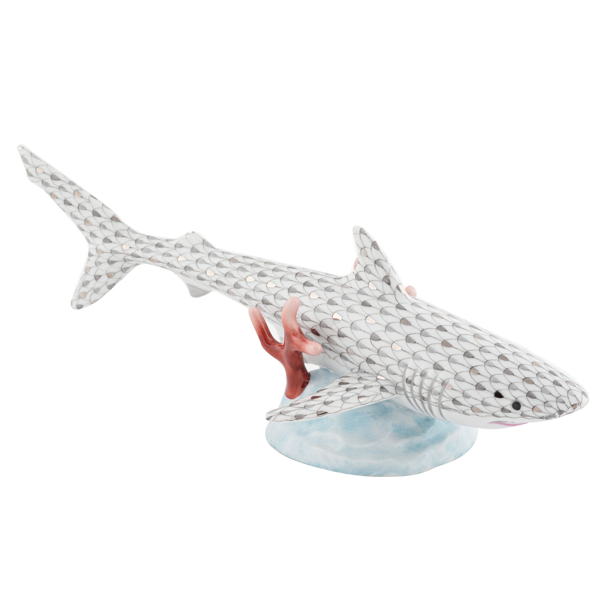 Hand-painted Herend Great White Shark Figurine in fine porcelain, 10.75in L X 5in W X 4in H, on a white background