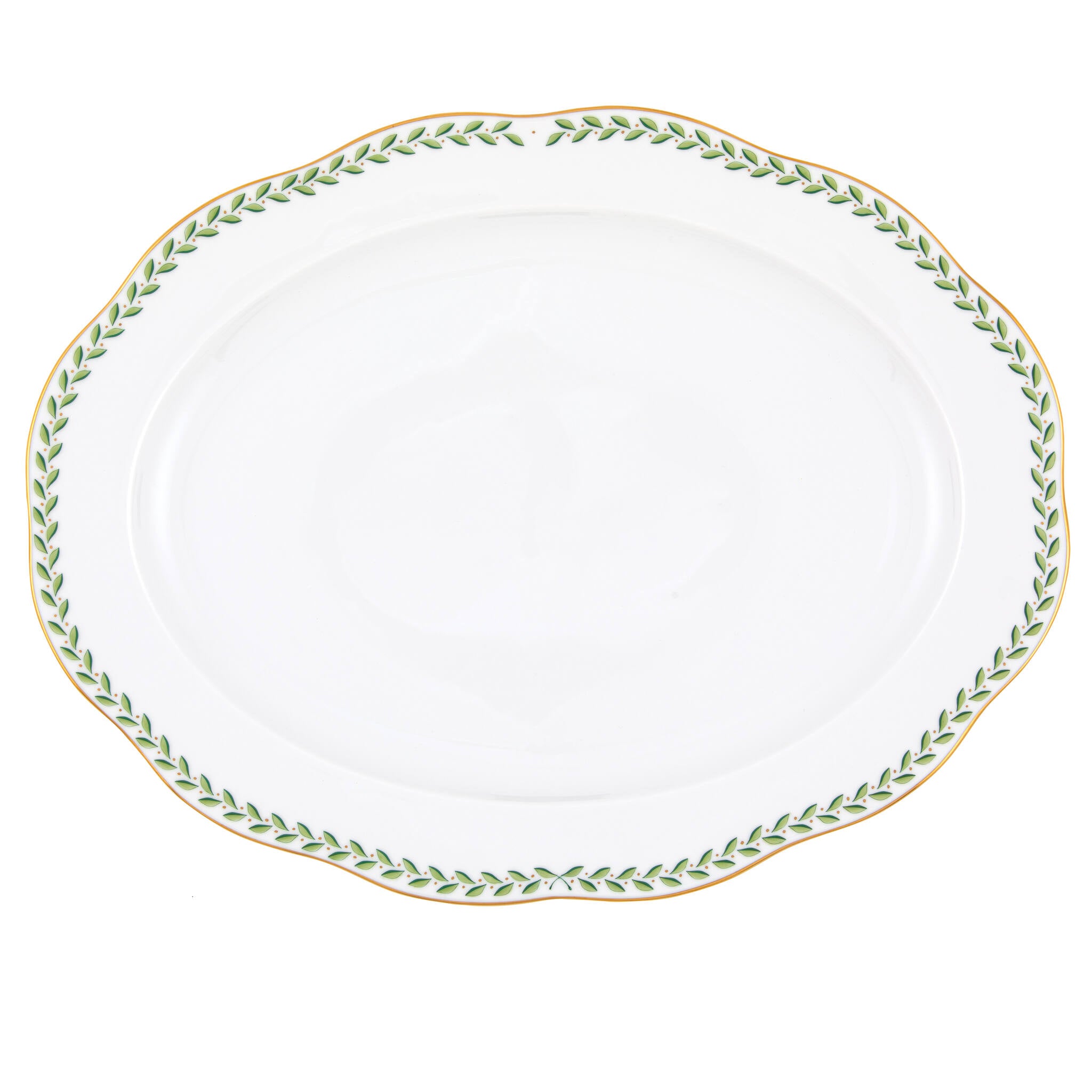 Hand-painted Herend Green Laurel Oval Platter in fine porcelain, 15in L, on a white background