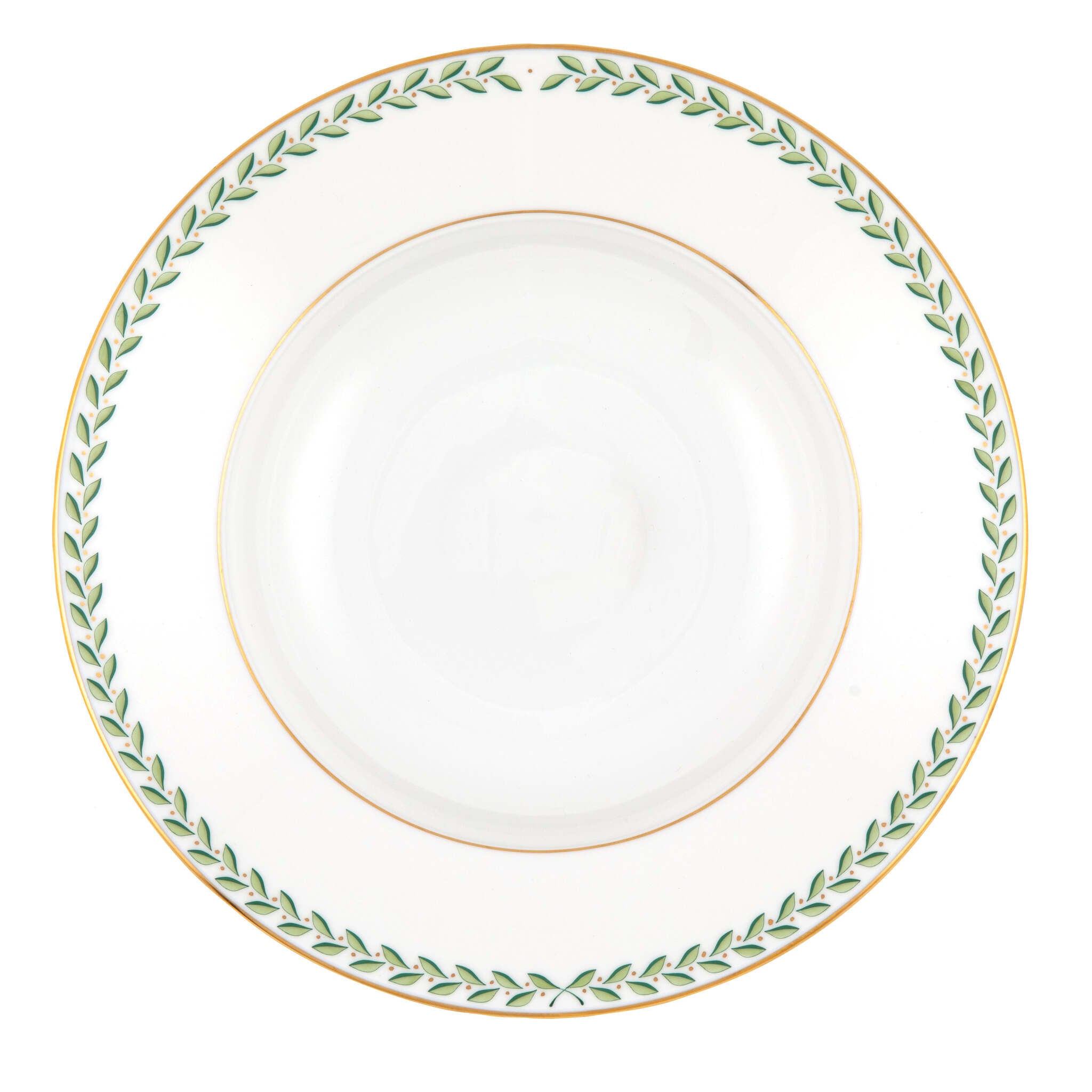 Hand-painted Herend Green Laurel Rim Soup Plate Soup Plates & Rimmed Soup Bowl in fine porcelain, 8in D, on a white background