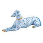 Hand-painted Herend Greyhound Figurine in fine porcelain, 6.5in L X 1.75in W X 2.75in H, on a white background
